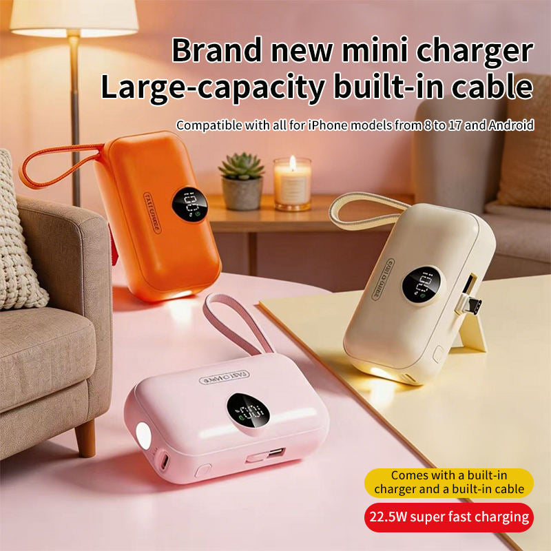 🧡2-in-1 Mini Portable Charger 🔋 | Built-in USB-C Cable, Digital Display, Ultra-Compact Power Bank with Flashlight