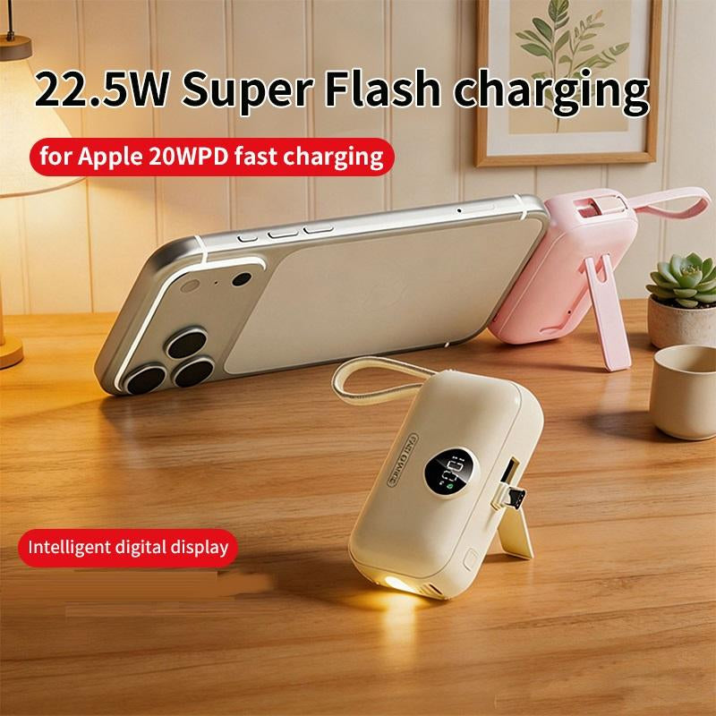 🧡2-in-1 Mini Portable Charger 🔋 | Built-in USB-C Cable, Digital Display, Ultra-Compact Power Bank with Flashlight