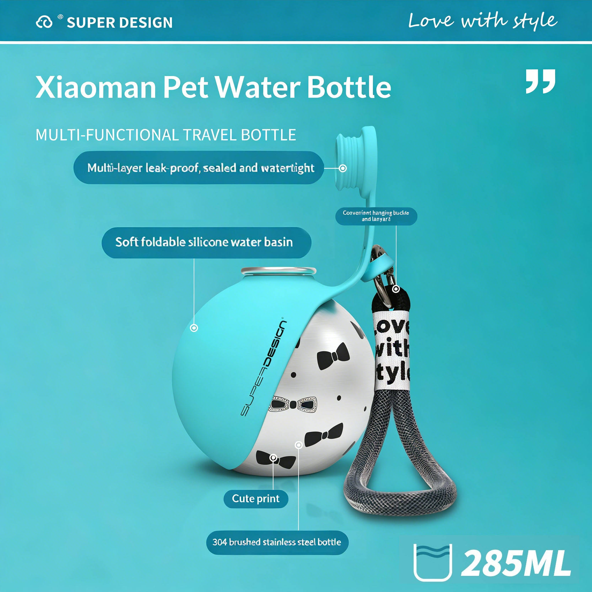 ✨ 285ml Xiaoman Pet Water Bottle | 304 Stainless Steel Leak-Proof Travel Water Bottle with Foldable Silicone Bowl & Lanyard for Outdoor Adventures 🐶