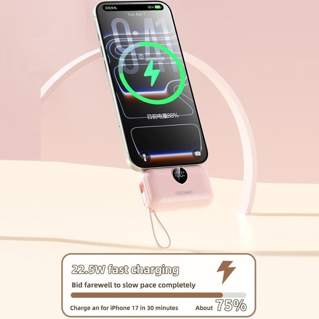 🧡2-in-1 Mini Portable Charger 🔋 | Built-in USB-C Cable, Digital Display, Ultra-Compact Power Bank with Flashlight